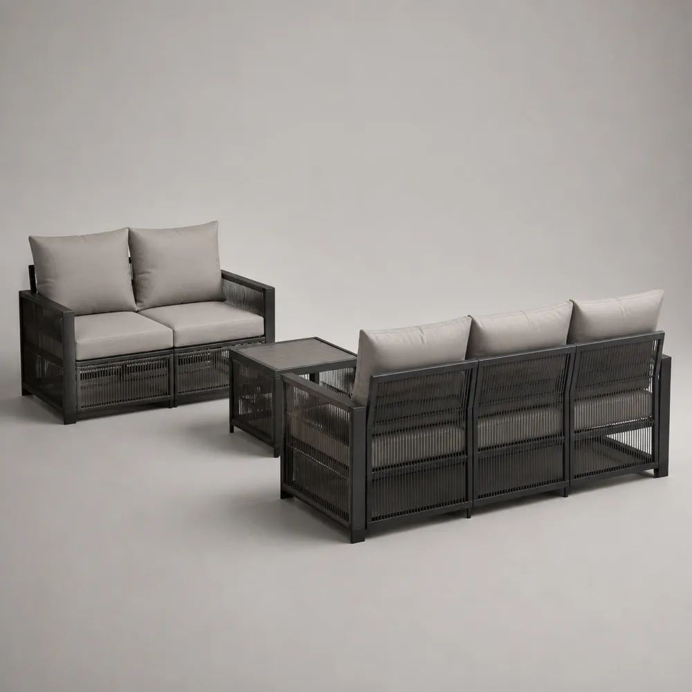 Salon de jardin extérieur 5 places 3 pièces en aluminium et corde polyester anthracite et gris, canapés 136 x 76 x 73 cm et 196 x 76 x 73 cm, table 80 x 60 x 40 cm