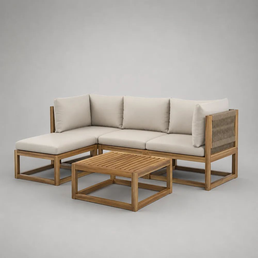 Ensemble salon de jardin 4 pièces en bois, corde et tissu, beige clair, bois naturel et taupe, 220 × 150 × 75 cm