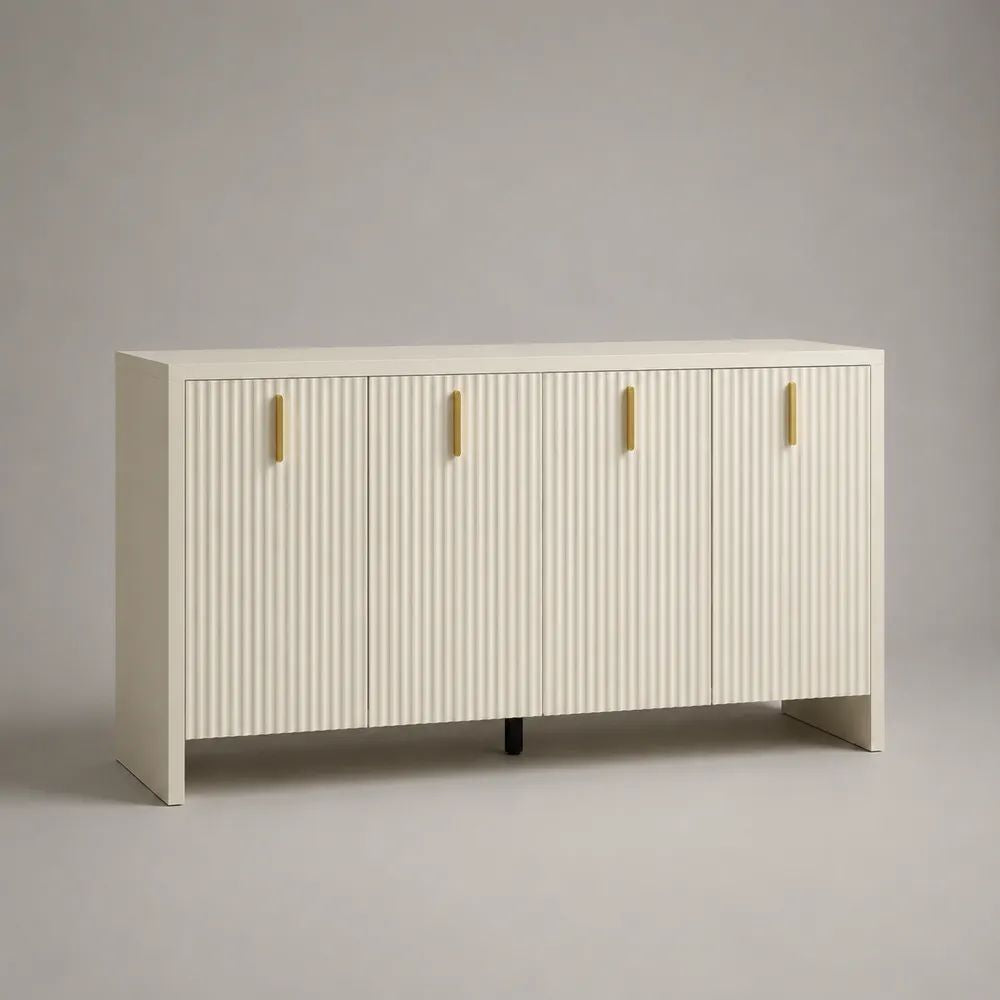 Buffet rectangulaire 4 portes en MDF à façades cannelées, blanc cassé, doré et noir, 160 × 40 × 80 cm