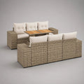 Salon de jardin extérieur 3 pièces 6 places en résine tressée taupe avec coussins beiges et table en bois naturel – canapés 180 × 75 × 75 cm, table 140 × 70 × 65 cm
