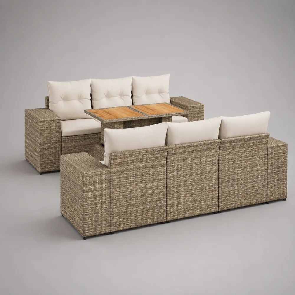 Salon de jardin extérieur 3 pièces 6 places en résine tressée taupe avec coussins beiges et table en bois naturel – canapés 180 × 75 × 75 cm, table 140 × 70 × 65 cm