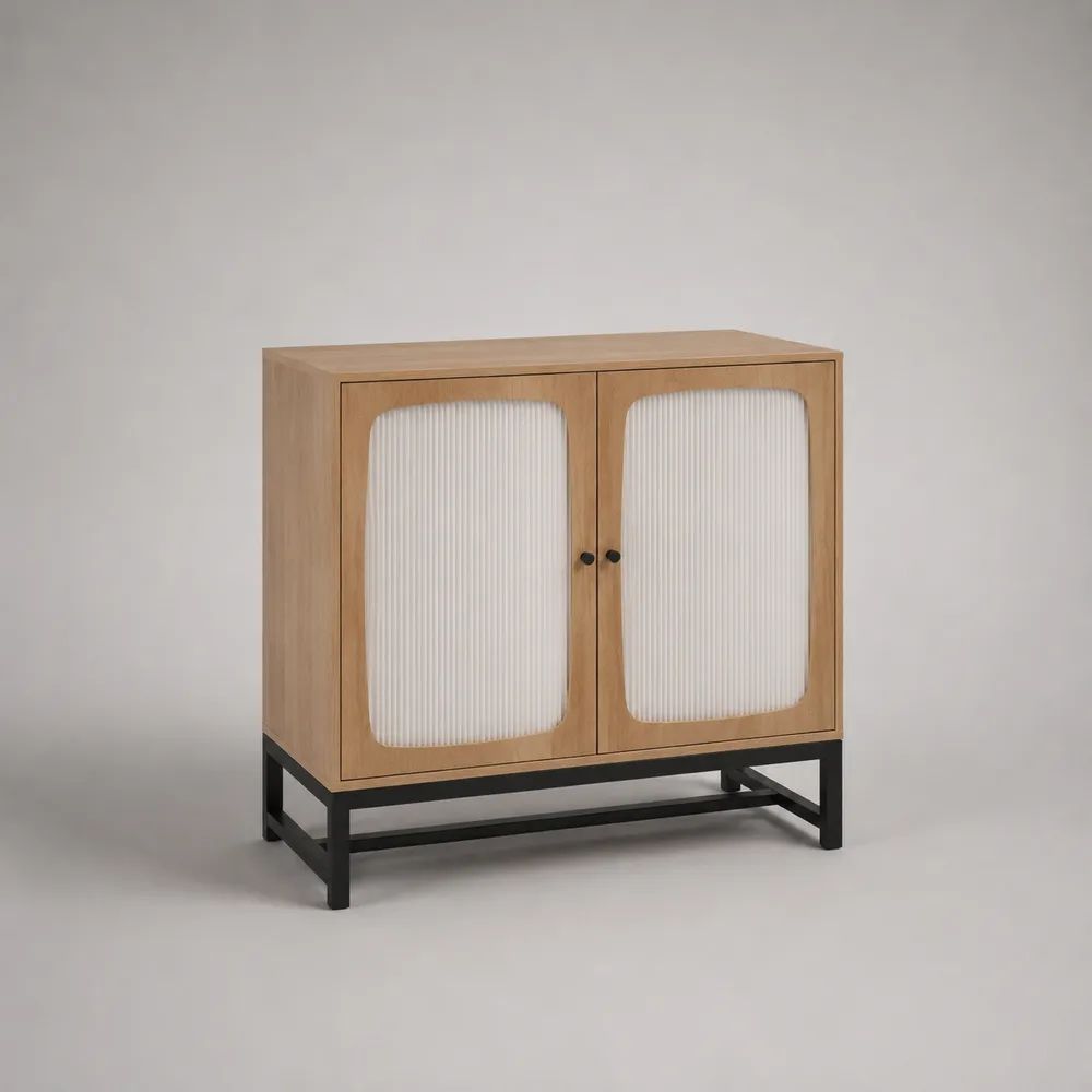Buffet bas 2 portes en MDF plaqué chêne et verre cannelé avec piètement en acier noir, 90 × 40 × 90 cm, chêne naturel, blanc et noir