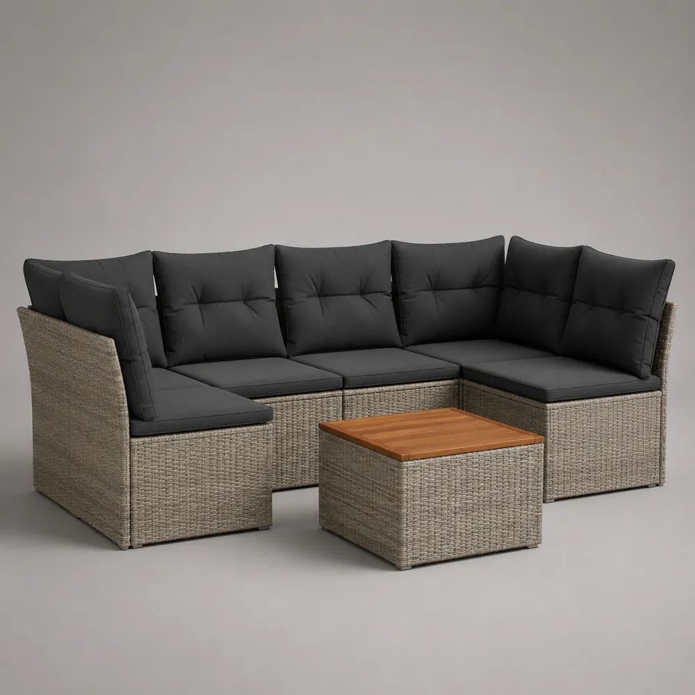 Salon de jardin extérieur 5 places en résine tressée avec canapé d’angle en U et table basse en bois, 240 × 180 × 75 cm, gris clair/anthracite/brun