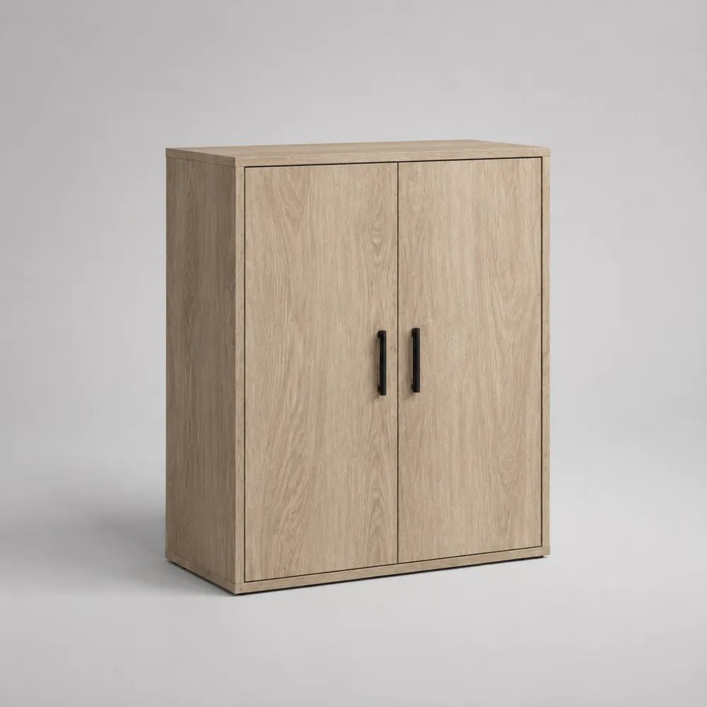 Buffet haut rectangulaire en bois à 2 portes, chêne clair et noir, 100 × 40 × 120 cm