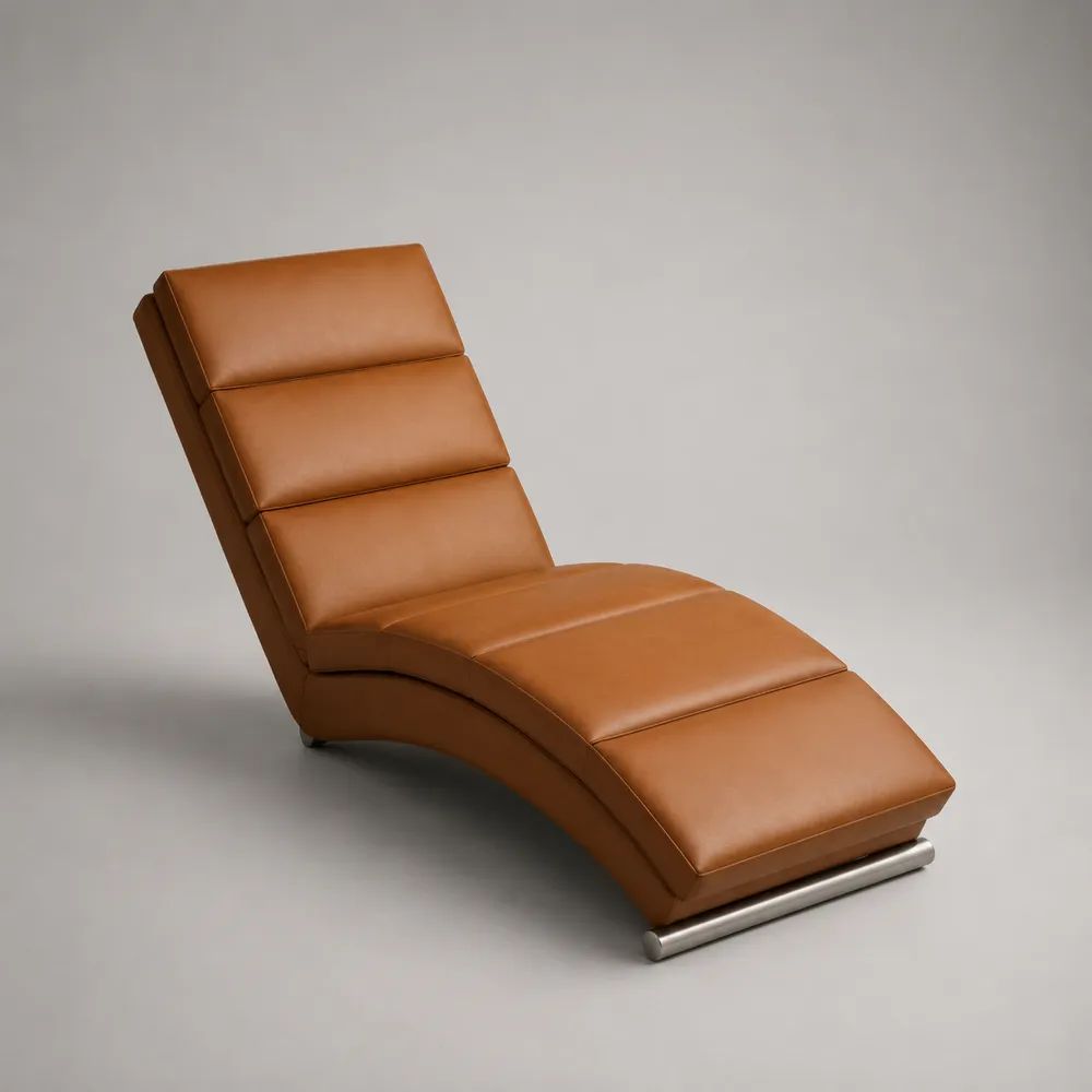 Chaise longue 1 place en similicuir cognac et métal argenté, 165 × 60 × 83 cm