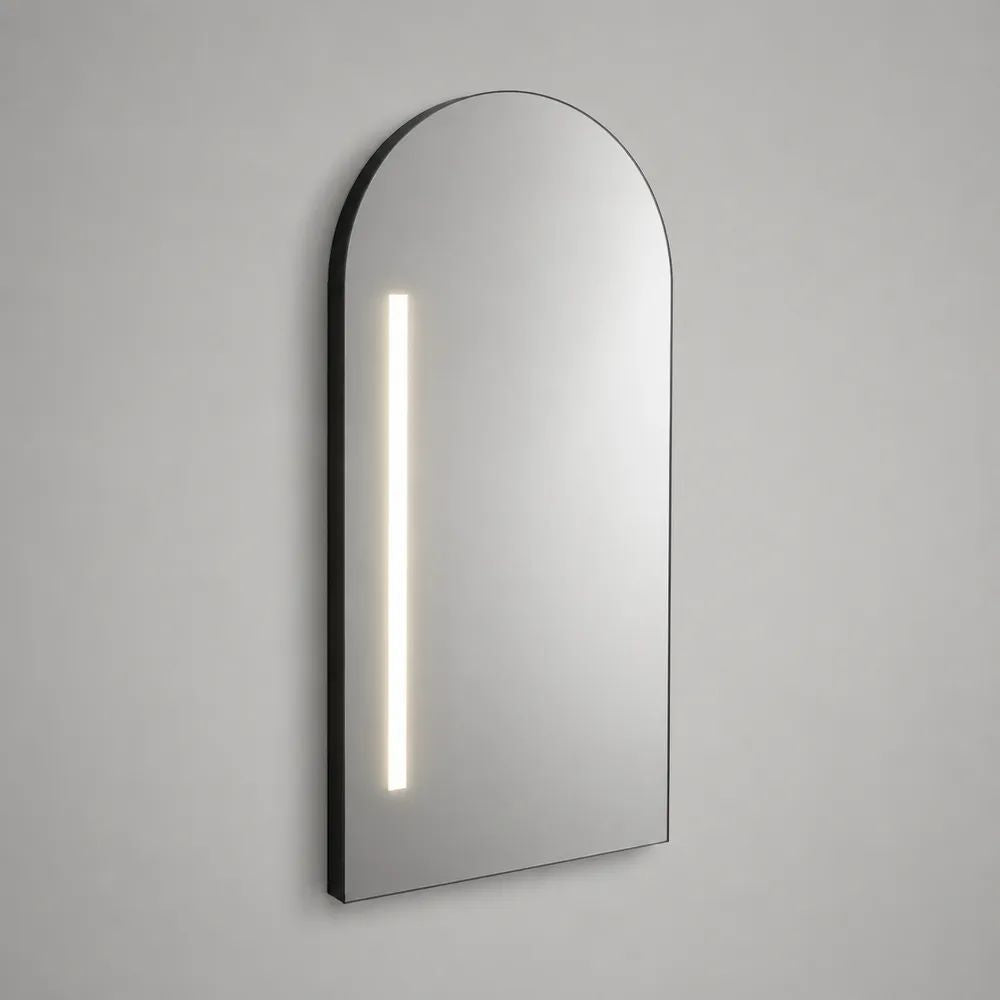 Armoire de toilette murale à miroir LED en verre et aluminium noir, forme arquée, 50 × 12 × 90 cm