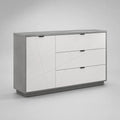 Buffet bas rectangulaire en bois et métal avec 1 porte et 3 tiroirs, blanc effet marbre, gris et noir, 120 x 40 x 80 cm