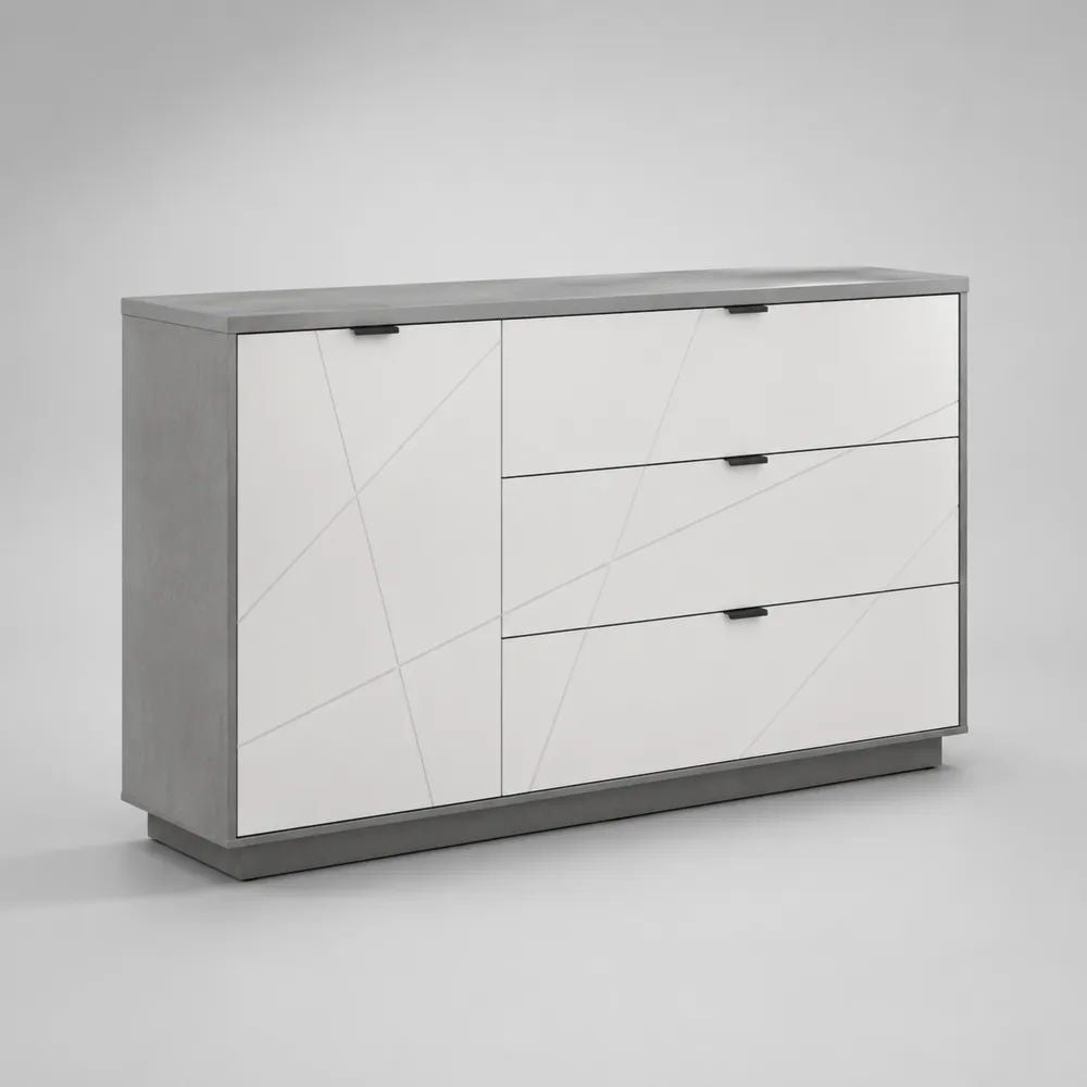 Buffet bas rectangulaire en bois et métal avec 1 porte et 3 tiroirs, blanc effet marbre, gris et noir, 120 x 40 x 80 cm