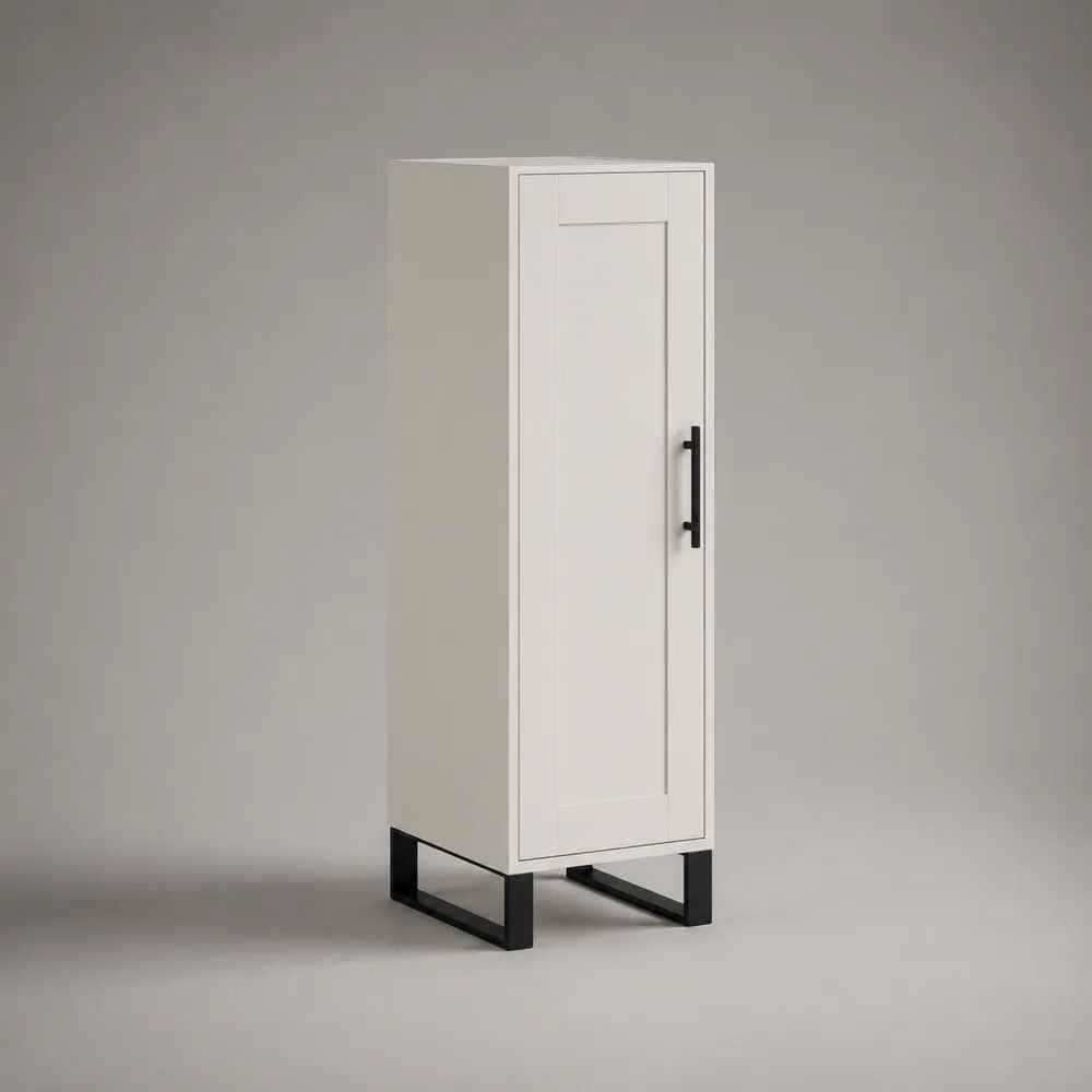 Buffet haut rectangulaire 1 porte en MDF et acier blanc et noir, 45 x 40 x 130 cm