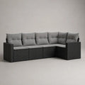 Canapé de jardin d’angle modulable 5 pièces, 5 places, en résine tressée noire avec coussins gris, 236 × 172 × 74 cm
