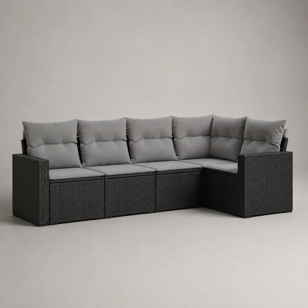 Canapé de jardin d’angle modulable 5 pièces, 5 places, en résine tressée noire avec coussins gris, 236 × 172 × 74 cm