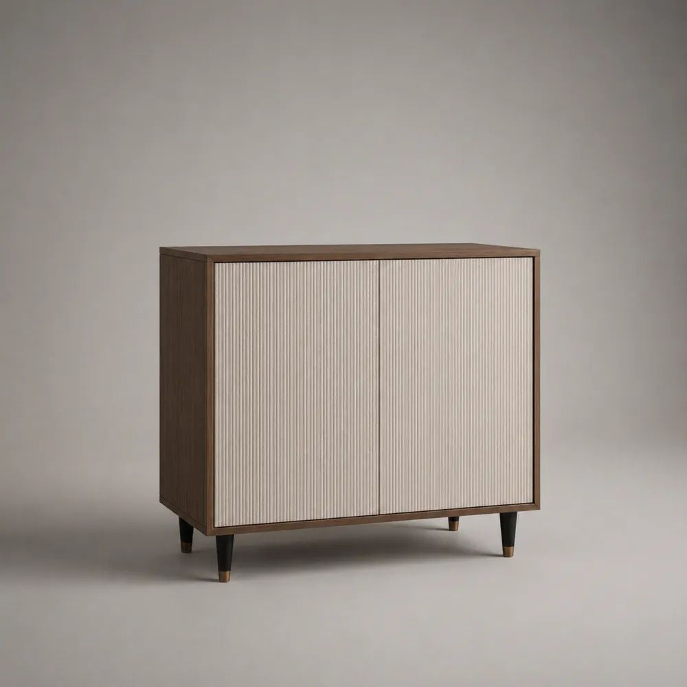 Buffet rectangulaire en bois à 2 portes, façades rainurées, noyer moyen et beige, 100 × 40 × 100 cm