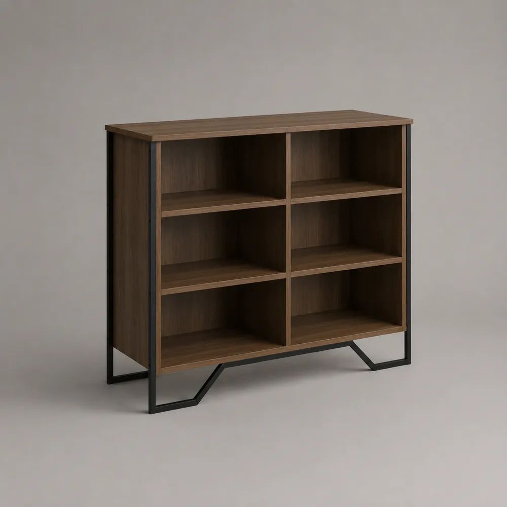 Buffet ouvert rectangulaire à 6 niches en bois et métal, brun noyer et noir, 100 × 35 × 100 cm