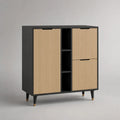 Buffet haut à 3 portes en MDF rainuré et panneaux de particules, noir et chêne clair, 100 × 40 × 120 cm