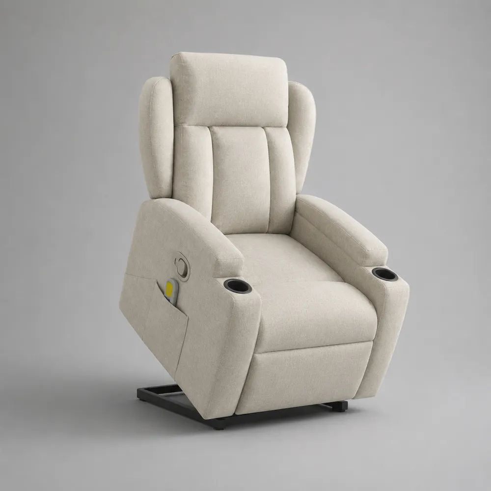 Fauteuil releveur électrique inclinable à dossier haut en polyester crème avec 2 porte-gobelets, 86 × 95 × 108 cm