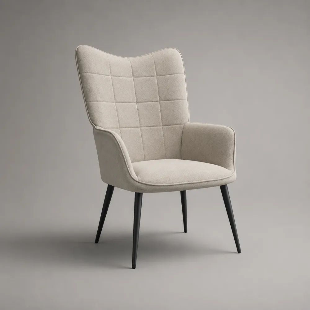 Fauteuil de salon beige en tissu avec dossier haut incurvé et pieds en acier noir, 73 × 78 × 98 cm
