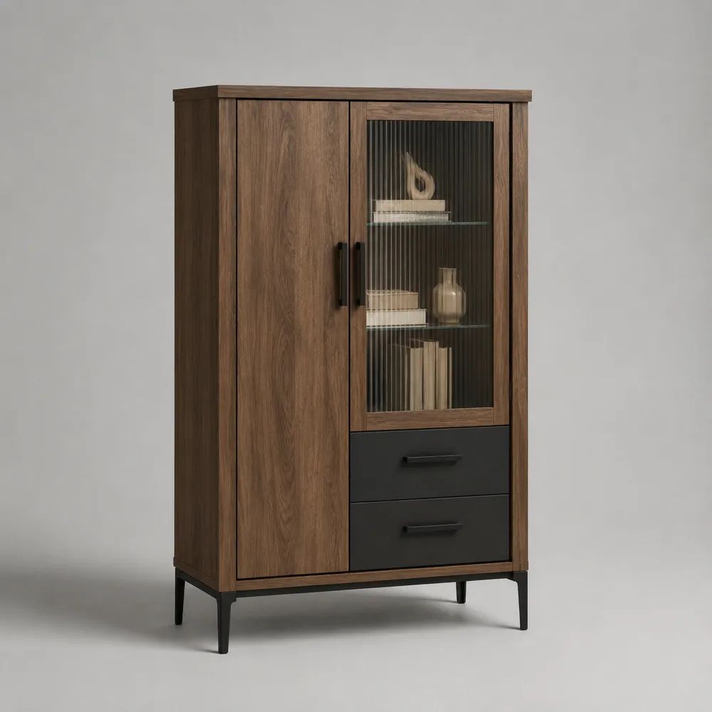 Buffet haut vaisselier en panneaux mélaminés et verre cannelé, 2 portes et 2 tiroirs, brun chêne et noir, 100 x 40 x 180 cm