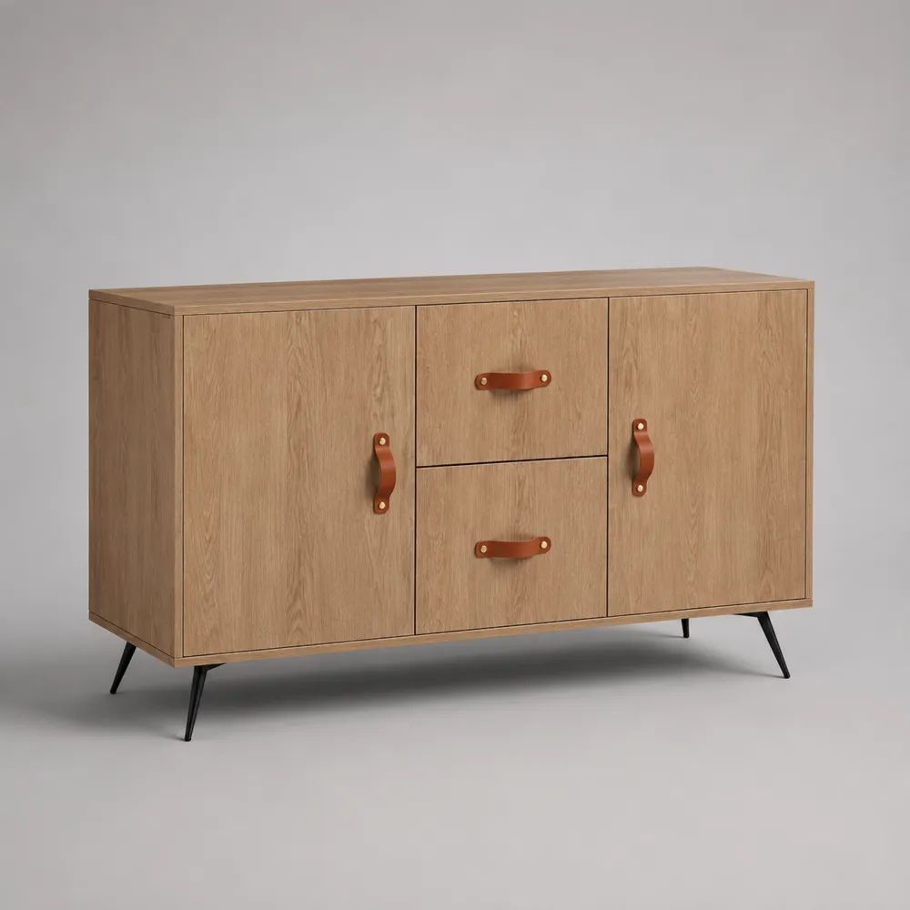 Buffet de rangement en panneaux de particules et acier avec 2 portes et 2 tiroirs, chêne naturel, noir et cognac, 140 × 40 × 80 cm