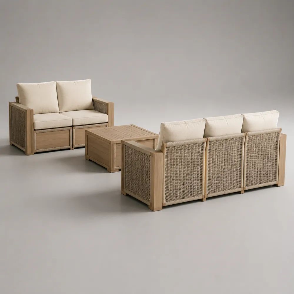 Salon de jardin 5 places en bois et corde tressée beige avec coussins crème, canapé 3 places 210 x 82 x 80 cm, canapé 2 places 148 x 82 x 80 cm et table basse 100 x 60 x 40 cm