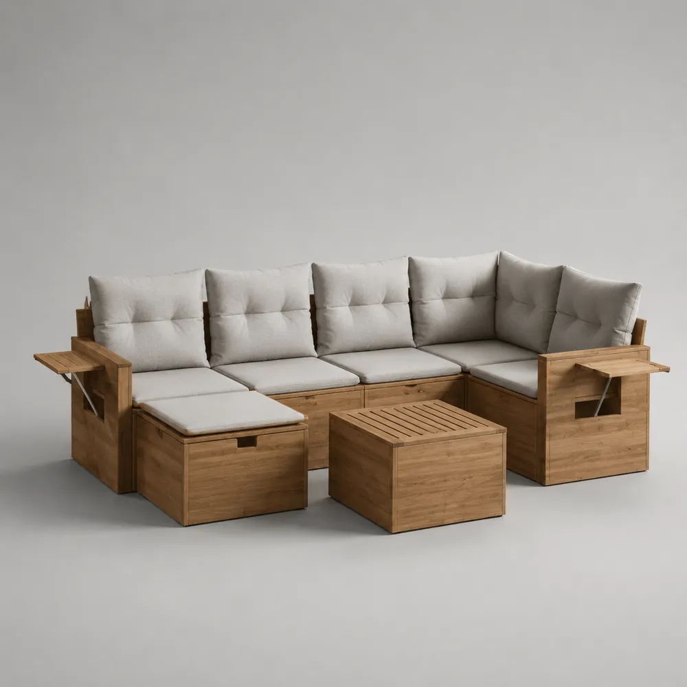 Canapé d’angle de jardin 6 places en bois massif avec coussins beige, table basse et rangements, 245 x 185 x 88 cm