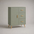 Buffet haut en MDF et bois avec 1 porte et 3 tiroirs, vert sauge et bois naturel, 80 × 40 × 110 cm
