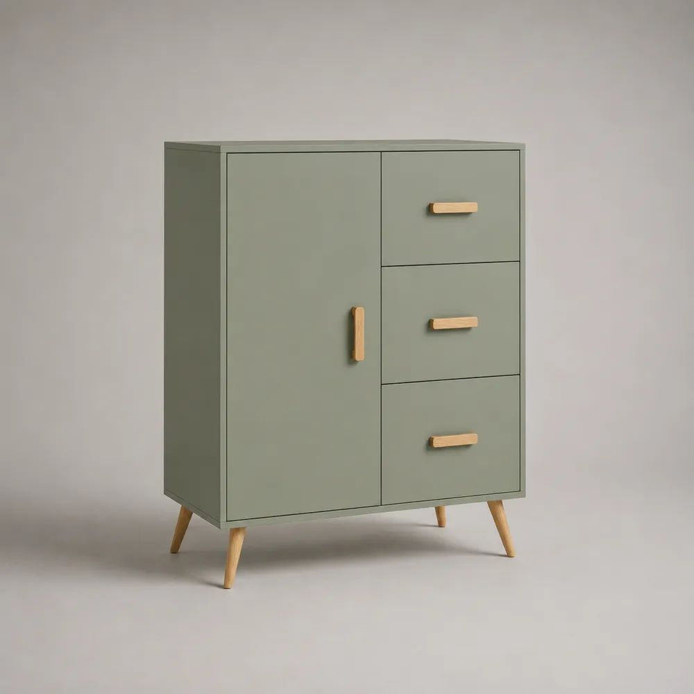 Buffet haut en MDF et bois avec 1 porte et 3 tiroirs, vert sauge et bois naturel, 80 × 40 × 110 cm