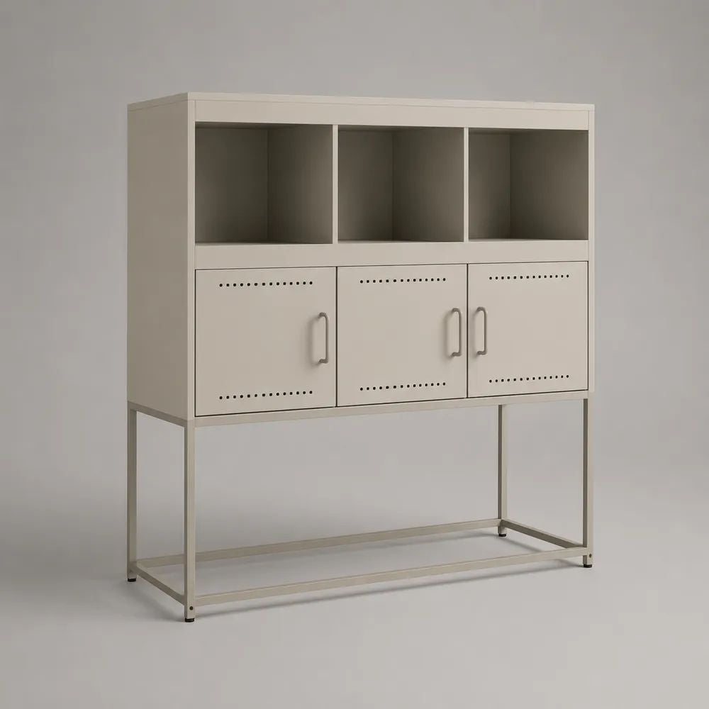 Buffet haut en acier beige à 3 portes et 3 niches, 120 × 40 × 140 cm