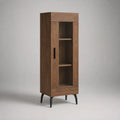 Vaisselier vitrine rectangulaire en bois, métal et verre avec 1 porte, 1 tiroir et 2 tablettes, noyer et noir, 70 × 40 × 180 cm