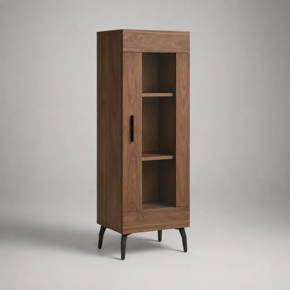 Vaisselier vitrine rectangulaire en bois, métal et verre avec 1 porte, 1 tiroir et 2 tablettes, noyer et noir, 70 × 40 × 180 cm
