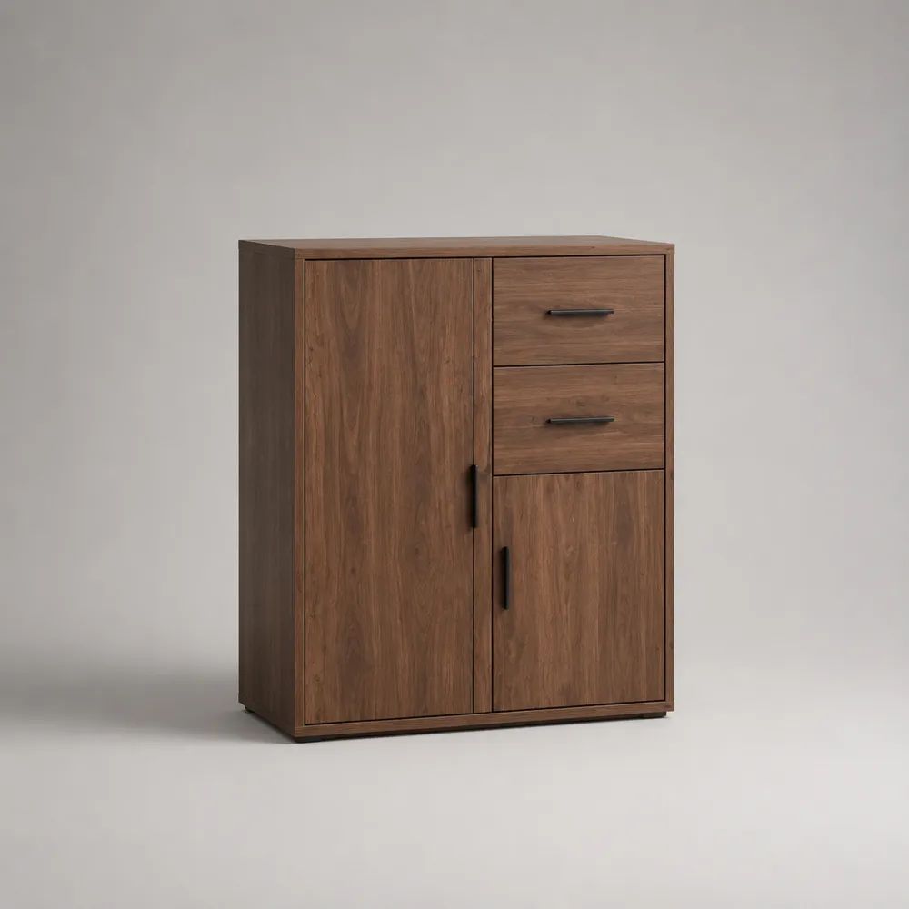 Buffet haut rectangulaire en bois, 2 portes et 2 tiroirs, marron noyer et noir, 100 x 40 x 120 cm