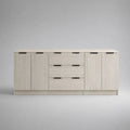 Buffet bas rectangulaire en panneaux de particules effet chêne blanchi et noir, 4 portes et 3 tiroirs, 200 × 40 × 80 cm