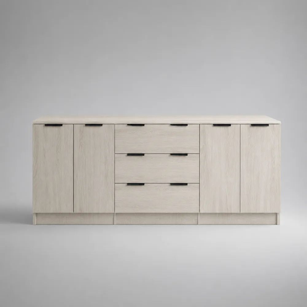 Buffet bas rectangulaire en panneaux de particules effet chêne blanchi et noir, 4 portes et 3 tiroirs, 200 × 40 × 80 cm