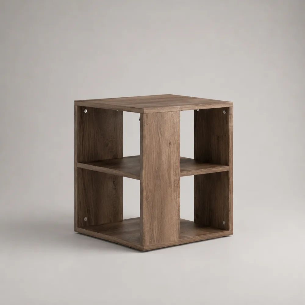 Buffet bas rectangulaire ouvert à 4 niches en bois brun chêne, 60 × 30 × 60 cm