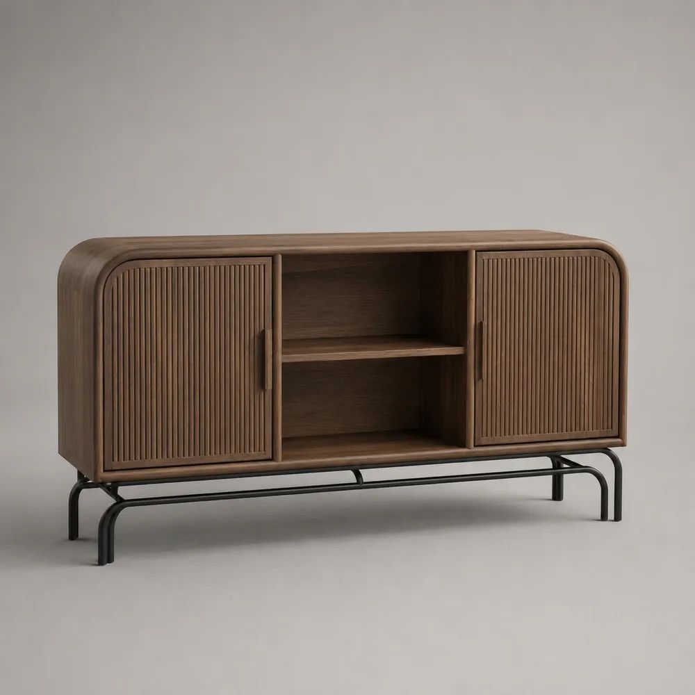 Buffet rectangulaire en MDF plaqué noyer et acier noir, 2 portes et 2 niches, 140 × 40 × 80 cm
