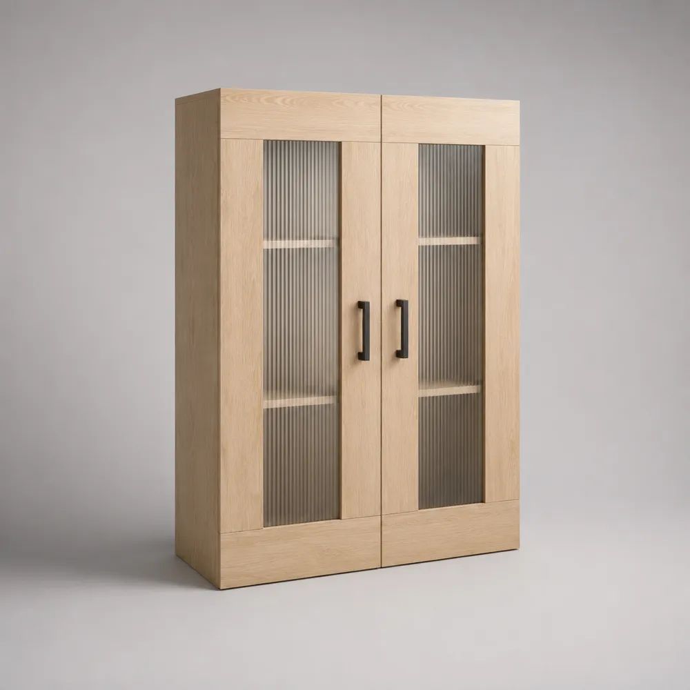 Vaisselier vitrine à 2 portes en MDF plaqué chêne et verre cannelé, chêne clair, gris fumé et noir, 120 × 40 × 180 cm