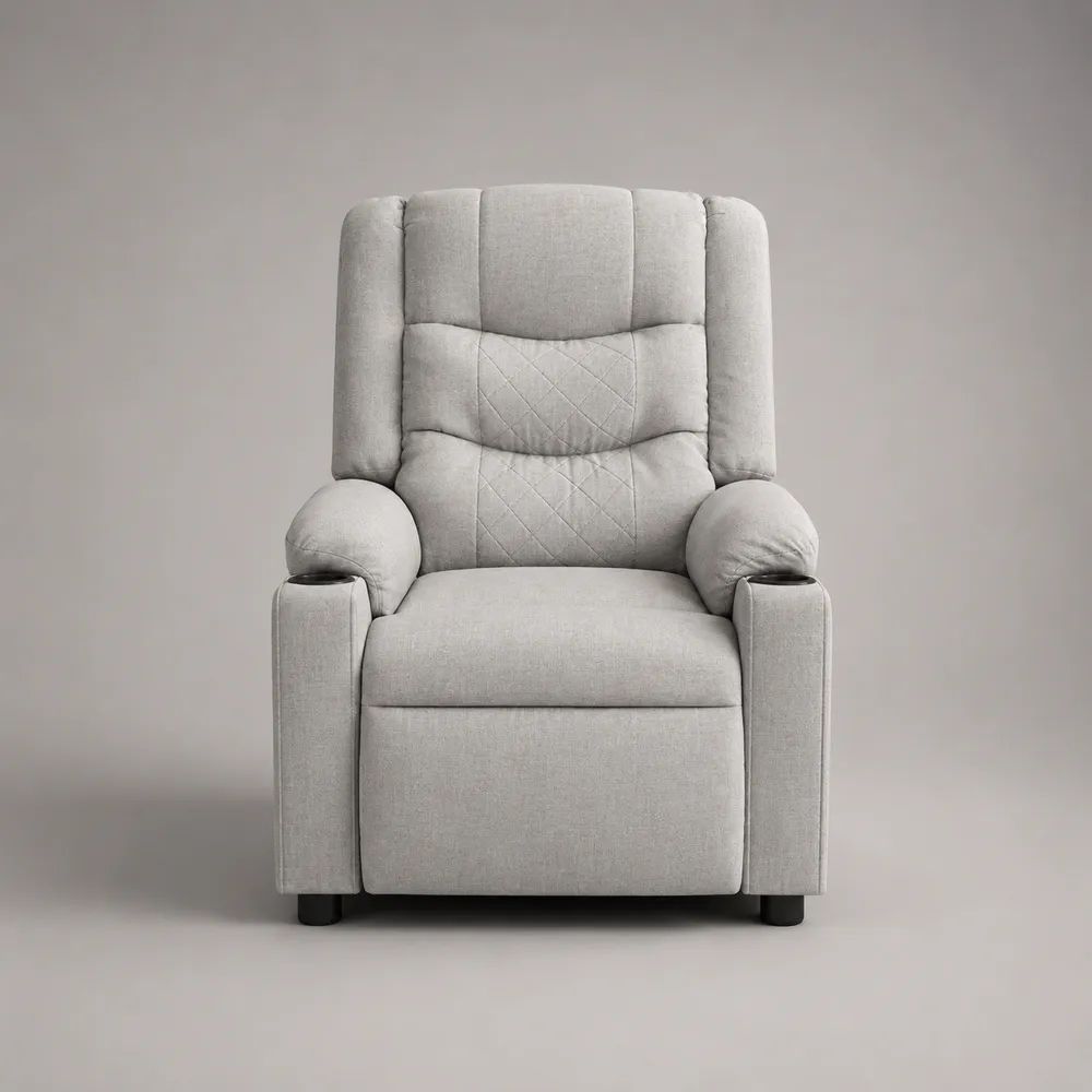 Fauteuil relax manuel en tissu gris clair avec repose-pieds et 2 porte-gobelets, 90 × 92 × 105 cm
