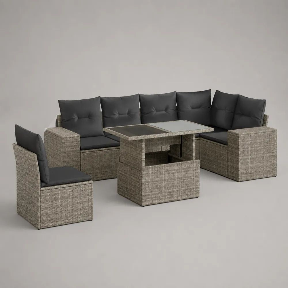 Salon de jardin 6 pièces en résine tressée grège avec canapé d’angle 240 × 180 × 74 cm, 2 fauteuils, table 120 × 70 × 65 cm et coussins anthracite