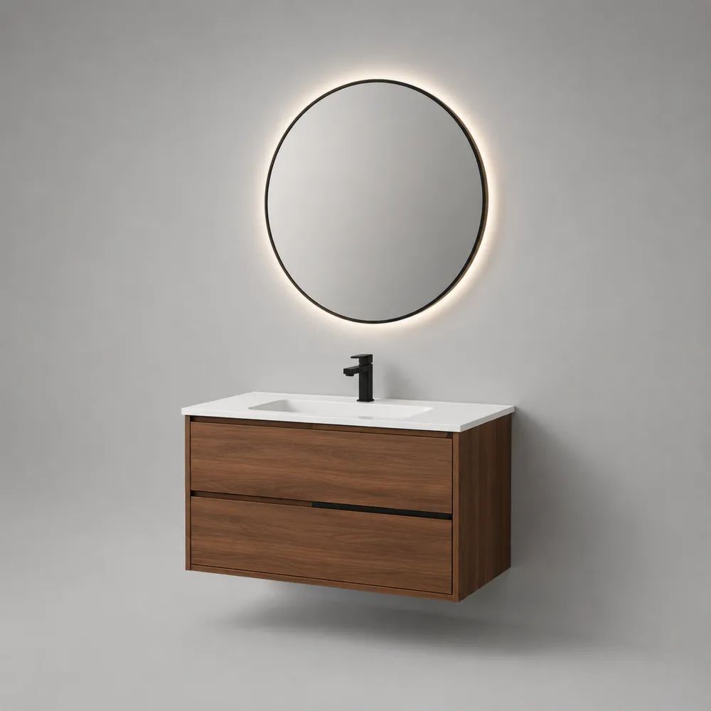 Ensemble meuble sous-vasque suspendu 80 × 46 × 50 cm en bois avec vasque en céramique, miroir LED rond Ø 70 cm et robinet, noyer marron/blanc/noir
