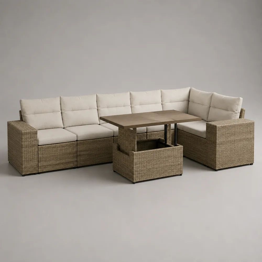 Salon de jardin d’angle 7 places en résine tressée beige taupe avec coussins crème et table relevable, canapé 276 × 222 × 82 cm, table 120 × 70 × 48–68 cm