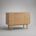 Meuble sous-vasque sur pieds en MDF plaqué chêne avec 6 tiroirs et 1 porte, 100 × 40 × 80 cm, chêne naturel et laiton