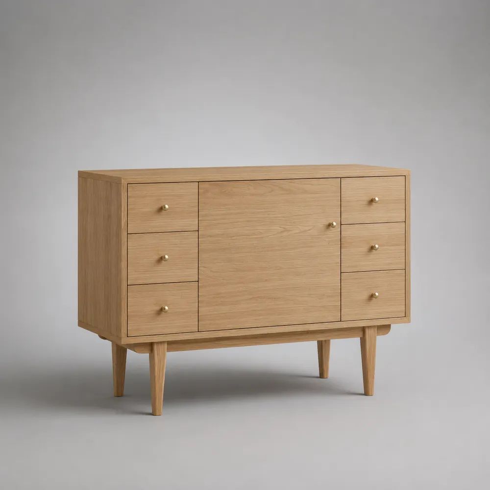 Meuble sous-vasque sur pieds en MDF plaqué chêne avec 6 tiroirs et 1 porte, 100 × 40 × 80 cm, chêne naturel et laiton