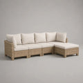 Canapé de jardin d’angle modulable 4 places en résine tressée beige et tissu blanc cassé, 268 × 134 × 73 cm