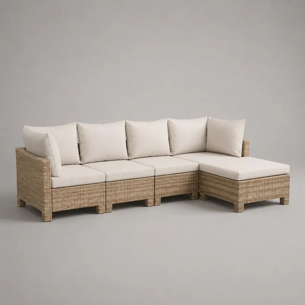 Canapé de jardin d’angle modulable 4 places en résine tressée beige et tissu blanc cassé, 268 × 134 × 73 cm