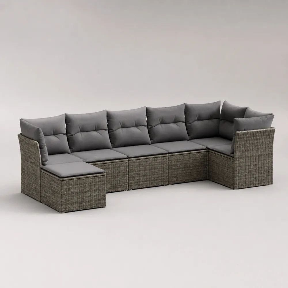 Canapé de jardin modulable 6 places en résine tressée et tissu gris, 280 x 180 x 75 cm