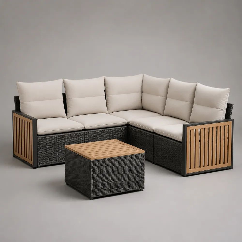 Salon de jardin d’angle 5 places avec table basse en polyéthylène tressé, acier et acacia – Noir, beige et brun naturel – Canapé 222 × 222 × 80 cm, table 65 × 65 × 40 cm