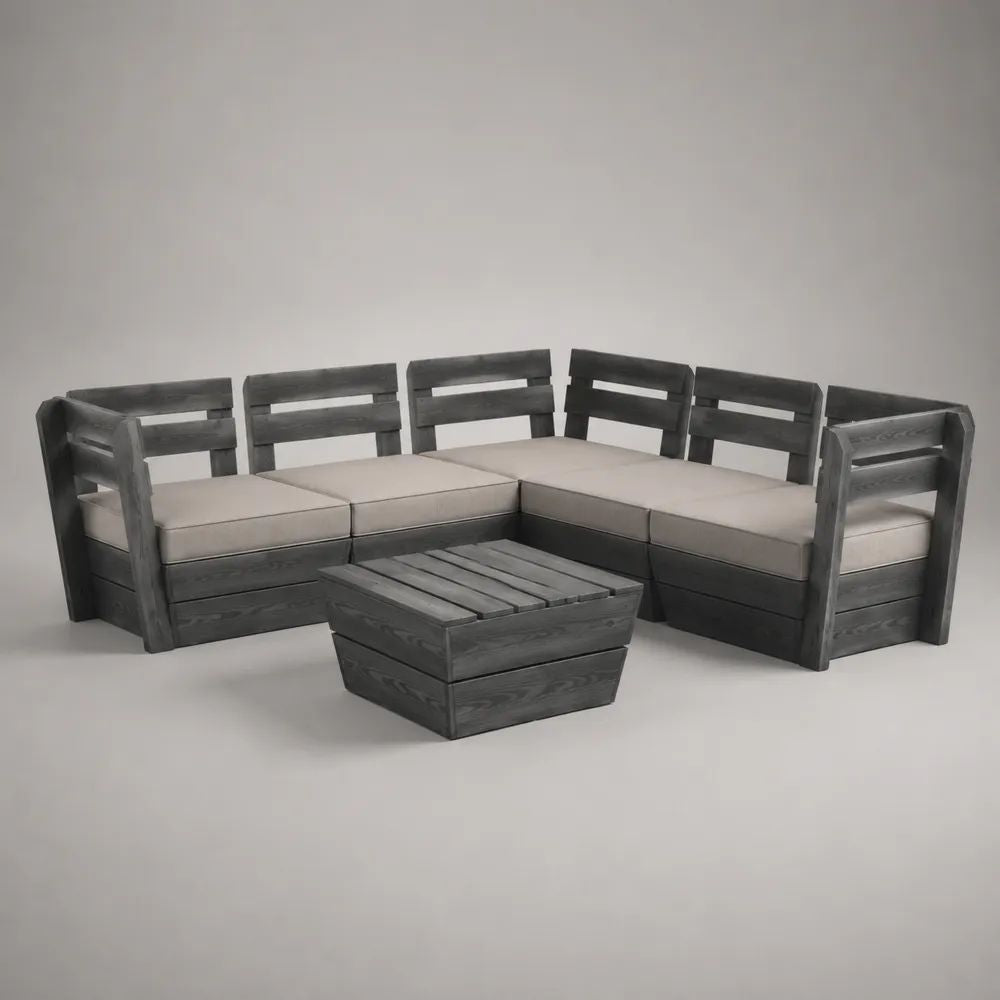 Salon de jardin d’angle 6 places en pin massif gris anthracite avec coussins beiges, 245 × 245 × 75 cm, table basse 70 × 70 × 40 cm