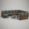 Salon de jardin modulable 10 pièces en U en acier et bois, gris anthracite, marron et noir, 320 × 250 × 75 cm