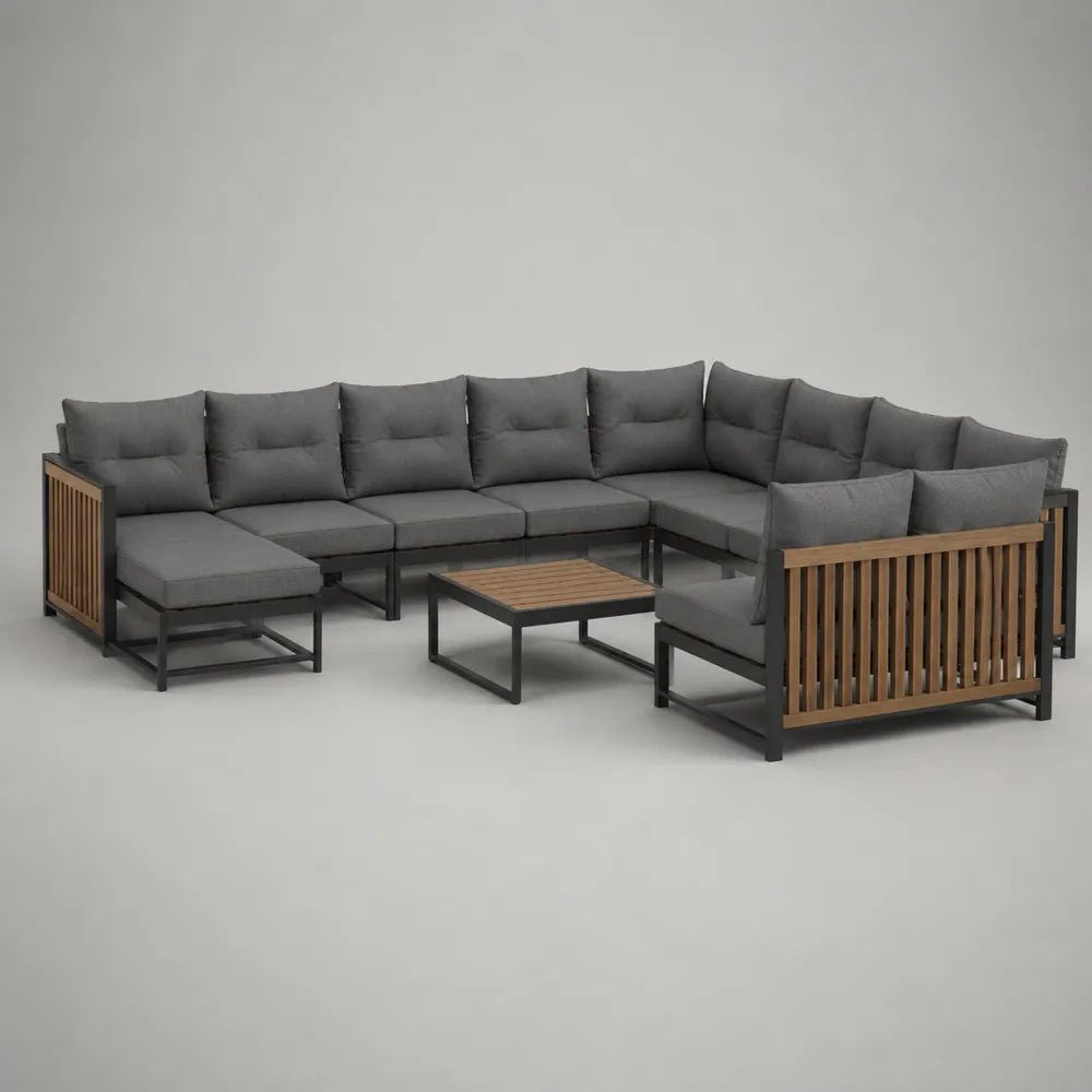 Salon de jardin modulable 10 pièces en U en acier et bois, gris anthracite, marron et noir, 320 × 250 × 75 cm