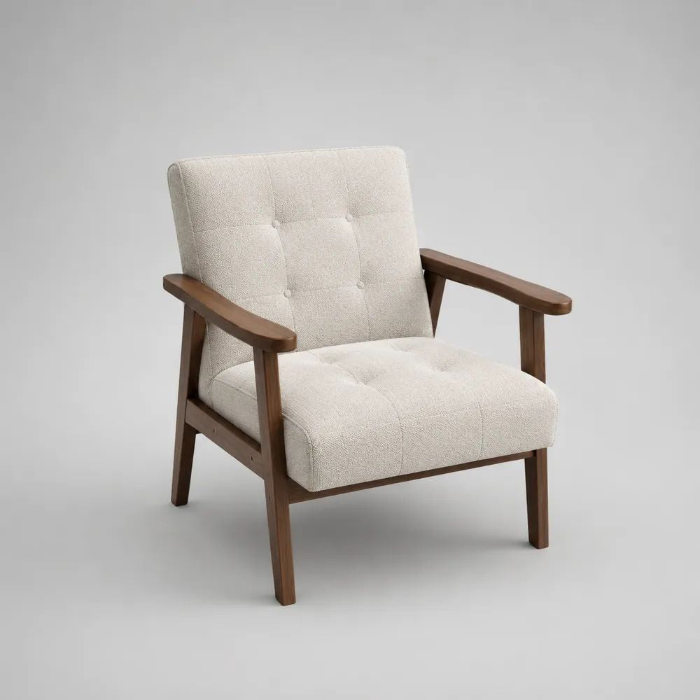 Fauteuil capitonné en tissu bouclé et bois massif, écru et noyer, 70 × 78 × 82 cm