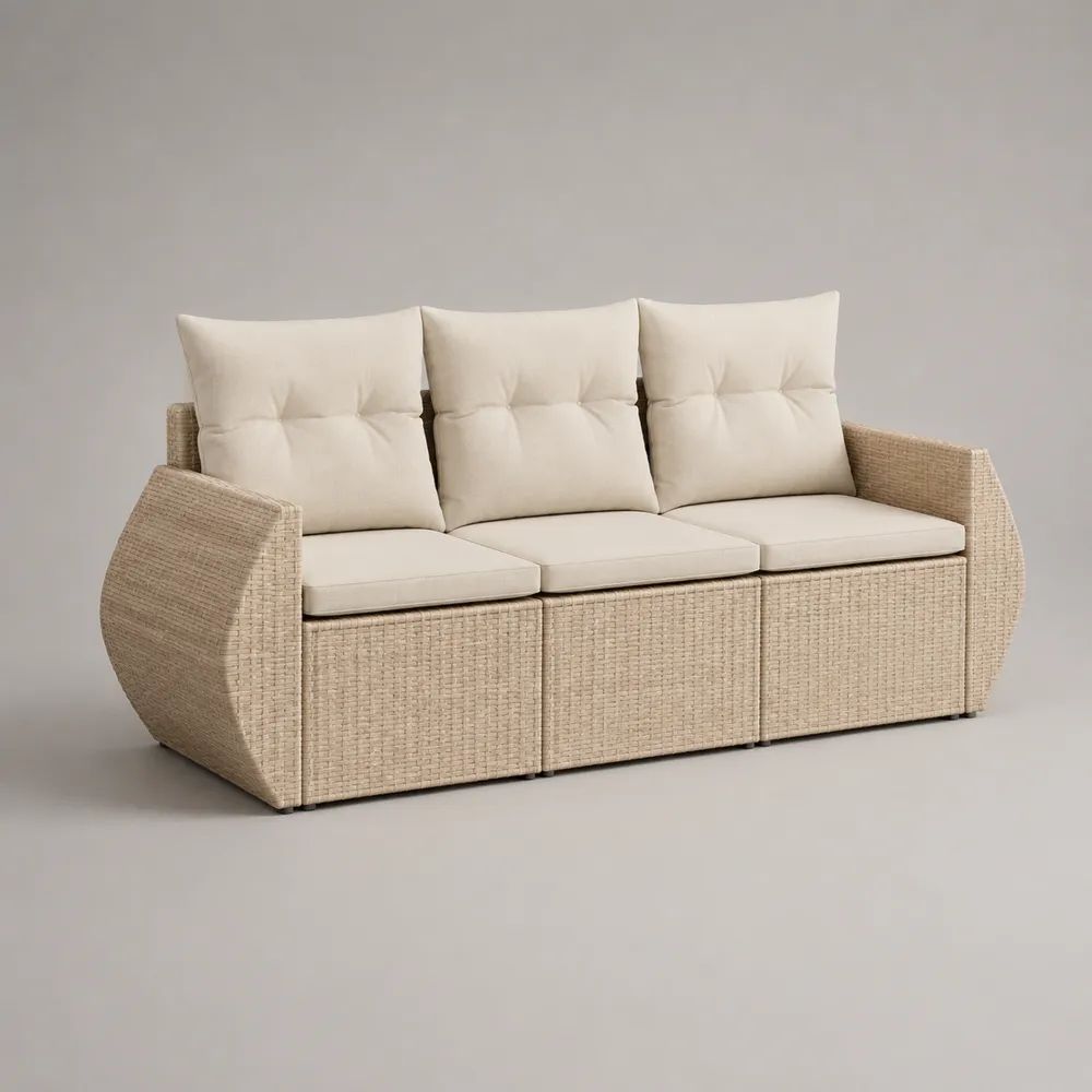 Canapé de jardin droit 3 places en résine tressée et acier beige avec coussins crème, 190 × 75 × 85 cm